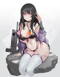 Rule 34 | 1girl, arm support, bikini, black bikini, black choker, black hair, breasts, carrot necklace, choker, cleavage, collarbone, commentary, cropped legs, front-tie bikini top, front-tie top, gun, hand up, highres, jacket, jewelry, large breasts, long hair, long sleeves, looking at viewer, m16, m16a4, navel, necklace, off shoulder, open clothes, open jacket, original, pink eyes, purple jacket, side-tie bikini bottom, sitting, smile, solo, stomach, strap slip, swimsuit, weapon, wookyung