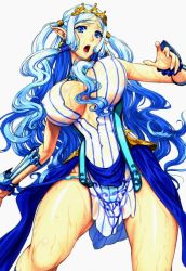Rule 34 | 1girl, blue eyes, blue hair, breasts, cleavage, large breasts, long hair, pointy ears, queen&#039;s blade, queen&#039;s blade grimoire, tina (queen&#039;s blade), wet, wet clothes