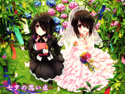 Rule 34 | 10s, 2girls, black hair, blue rose, book, breasts, cleavage, date a live, dress, dual persona, flower, from above, gothic lolita, hair ornament, hair over one eye, holding hands, heterochromia, highres, holding, holding book, holding flower, hydrangea, interlocked fingers, jewelry, lolita fashion, long hair, looking at viewer, multiple girls, necklace, outdoors, pink dress, red eyes, red rose, rose, smile, strapless, strapless dress, tanabata, tanzaku, tokisaki kurumi, tsubasaki, wedding dress, yellow rose