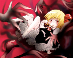 Rule 34 | 1girl, :d, blonde hair, blood, blood on clothes, blood on face, blood on hands, bloomers, fang, frilled skirt, frills, hair ribbon, komiru, open mouth, red eyes, ribbon, rumia, shirt, short hair, skirt, smile, touhou, underwear, vest
