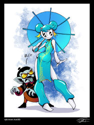 Rule 34 | 1girl, android, black eyes, blue dress, blue hair, china dress, chinese clothes, contrapposto, double bun, dress, eric toner, fangs, flat chest, full body, jenny wakeman, jiangshi, joints, my life as a teenage robot, nickelodeon, oil-paper umbrella, prosthesis, prosthetic arm, robot joints, smile, standing, umbrella, watermark, web address, wide hips