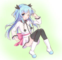 Rule 34 | 1girl, ;d, black thighhighs, blue eyes, blue hair, blush, boots, bow, commentary request, dress, full body, hair between eyes, hand up, highres, long hair, long sleeves, looking at viewer, makiaato, noel (sora no method), one eye closed, open mouth, panties, pink bow, sitting, smile, solo, sora no method, thighhighs, thighhighs under boots, two side up, underwear, v, very long hair, white dress, white footwear, white panties