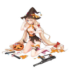 Rule 34 | 1girl, blonde hair, blue eyes, bow, bowtie, breasts, candy, carl gustaf m/45, convenient censoring, dress, food, full body, girls&#039; frontline, gun, gun request, hair bow, halloween, halloween costume, hat, highres, jack-o&#039;-lantern, kneeling, leg belt, long hair, looking at viewer, m45 (candy express) (girls&#039; frontline), m45 (girls&#039; frontline), magazine (object), magazine (weapon), medium breasts, no bra, official alternate costume, official art, one eye closed, orange bow, orange bowtie, panties, red bow, simple background, socks, solo, submachine gun, tamaxi, torn clothes, underwear, very long hair, weapon, white background, white panties, white socks, witch hat