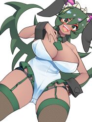 Rule 34 | 1girl, alternate costume, bellupup, breasts, cleavage, dark-skinned female, dark skin, dutch angle, eyeshadow, fangs, fishnet thighhighs, fishnets, fukua (skullgirls), garter belt, garter straps, green eyes, green hair, green lips, hand on own hip, hand on own chest, highres, large breasts, leotard, lipstick, long hair, looking at viewer, makeup, necktie, open mouth, playboy bunny, rabbit ears, skullgirls, smile, solo, thighhighs, white background, wrist cuffs