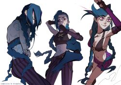 Rule 34 | 1girl, arcane: league of legends, arcane jinx, bare shoulders, black gloves, black pants, blood, blue hair, braid, breasts, commission, crop top, dreamcharlie, english text, fingerless gloves, gloves, hands up, highres, jinx (league of legends), league of legends, long hair, looking at viewer, medium breasts, nail polish, navel, nosebleed, pants, pink nails, pink pants, pink shorts, shorts, simple background, stomach, striped clothes, striped pants, striped shorts, tattoo, twin braids, white background