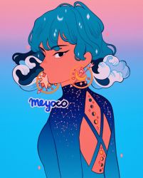 Rule 34 | 1girl, aqua hair, artist name, backless outfit, bad id, bad twitter id, black eyes, blue background, constellation, constellation print, crescent moon, earrings, full moon, gibbous moon, gradient background, half moon, jewelry, looking at viewer, meyoco, moon, moon phases, new moon, original, pink background, short hair, solo, star (sky)