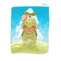 Rule 34 | border, cloud, commentary request, creatures (company), day, closed eyes, facing viewer, flower, game freak, gen 4 pokemon, grass, happy, nintendo, no humans, open mouth, outdoors, oyasuminjyutsu, pink flower, pokemon, pokemon (creature), signature, sky, smile, solo, tongue, turtwig, white border