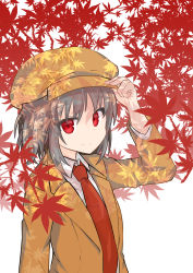Rule 34 | 1girl, akasabi, autumn leaves, brown hair, brown headwear, brown jacket, brown shorts, cabbie hat, closed mouth, collared shirt, commentary request, flat cap, hand on headwear, hands on headwear, hat, highres, holding, holding clothes, holding hat, jacket, leaf, long sleeves, looking at viewer, maple leaf, necktie, red eyes, red necktie, shameimaru aya, shameimaru aya (newsboy), shirt, short hair, shorts, simple background, smile, suit jacket, touhou, white background, white shirt