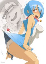 Rule 34 | 1boy, 1girl, antenna hair, artist name, ass, assisted exposure, bar censor, bell, blue hair, censored, clothes lift, doraemon, doraemon (character), dress, dress lift, fishing hook, fishing line, glasses, highres, identity censor, impossible clothes, nobi nobita, open mouth, panties, personification, plus step, short hair, sweatdrop, underwear, white panties