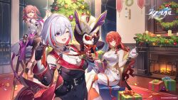 Rule 34 | 3girls, :d, ;d, asta (honkai: star rail), bare shoulders, black gloves, black skirt, blue eyes, box, breasts, christmas tree, christmas wreath, cleavage, colored inner hair, commentary request, detached sleeves, dress, fire, fireplace, gift, gift box, gloves, grey hair, highres, himeko (honkai: star rail), honkai: star rail, honkai (series), indoors, large breasts, long hair, looking at viewer, multicolored hair, multiple girls, numby (honkai: star rail), official art, one eye closed, one side up, open mouth, pink hair, red hair, shirt, sitting, skirt, sleeveless, sleeveless dress, smile, topaz (honkai: star rail), trotter (honkai: star rail), very long hair, white dress, white shirt, window, wreath