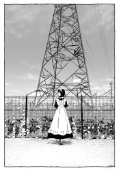 Rule 34 | 1girl, apron, black dress, black hair, dress, fence, greyscale, long dress, long sleeves, looking away, looking to the side, maeya susumu, maid, maid headdress, medium hair, monochrome, original, outdoors, plant, power lines, profile, solo, transmission tower, white apron, wide shot