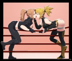 Rule 34 | 2girls, ass, belt, bent over, black border, black footwear, black gloves, black legwear, black leotard, black pants, blush, boots, border, breasts, bridal gauntlets, brown footwear, character name, cleavage, clothes writing, commentary, commission, cross-laced footwear, crossover, difman, elbow gloves, english commentary, closed eyes, french kiss, full body, gloves, highres, holding hands, impossible clothes, impossible leotard, jacket, kiss, knee boots, krystal anderson (killerkrystal64), lace-up boots, leather, leather jacket, leg lift, leotard, light brown hair, long hair, medium breasts, medium hair, multiple girls, open clothes, open jacket, original, outside border, pants, partially fingerless gloves, pink background, ponytail, rebecca blackburn (storyteller212), short ponytail, skindentation, sleeves pushed up, thigh strap, thighhighs, thong leotard, tight clothes, tight pants, tongue, tongue out, wrestling outfit, wrestling ring, yuri