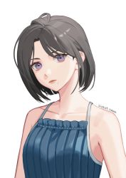 Rule 34 | 11ama, 1girl, artist name, black hair, blue camisole, camisole, collarbone, dated, eyebrows hidden by hair, frown, head tilt, looking up, mole, mole under mouth, original, portrait, purple eyes, short hair, solo, white background