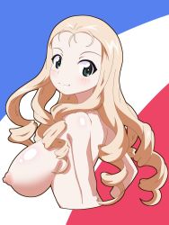 Rule 34 | 1girl, back, blonde hair, breasts, drill hair, flag background, french flag, from side, girls und panzer, gogopaint, green eyes, highres, large breasts, long hair, looking at viewer, marie (girls und panzer), nipples, nude, solo, upper body