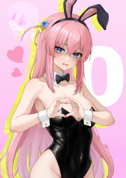 Rule 34 | 1girl, absurdres, animal ears, artist name, bare shoulders, black bow, black bowtie, black hairband, black leotard, blue eyes, bocchi the rock!, bow, bowtie, breasts, cleavage, collar, collarbone, covered navel, cube hair ornament, curvy, dated, detached collar, fingernails, gotoh hitori, groin, hair between eyes, hair ornament, hairband, heart, heart hands, highleg, highleg leotard, highres, large breasts, leotard, long hair, looking at viewer, one side up, open mouth, pink background, pink hair, playboy bunny, rabbit ears, shaded face, shiny skin, solo, strapless, strapless leotard, sweatdrop, very long hair, white collar, white wrist cuffs, wide hips, wish-tf, wrist cuffs