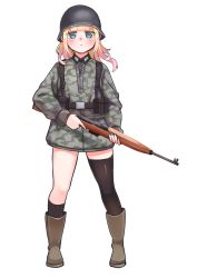 Rule 34 | 1girl, asymmetrical legwear, blonde hair, boots, brown legwear, camouflage, camouflage headwear, camouflage jacket, closed mouth, company of heroes, full body, gewehr 43, green eyes, green footwear, gun, hat, holding, holding gun, holding weapon, jacket, long hair, looking at viewer, military, military hat, military jacket, military uniform, mismatched legwear, original, panzerfusilier (company of heroes), rifle, simple background, solo, transparent background, trigger discipline, uniform, weapon, white background, world war ii, zhainan s-jun