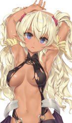 Rule 34 | 1girl, armpits, arms up, blonde hair, blue eyes, blush, braid, breasts, dark-skinned female, dark skin, edelgard (isekai maou), hair between eyes, highres, isekai maou to shoukan shoujo no dorei majutsu, long hair, looking at viewer, medium breasts, navel, o-ring, pointy ears, revealing clothes, shiny skin, solo, stomach, torn clothes, tsurusaki takahiro, twintails, two side up