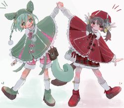 Rule 34 | 2girls, :3, alternate costume, animal ear headwear, arm up, beanie, black eyes, black hair, blush, closed mouth, commentary, drawn whiskers, expressionless, fake animal ears, full body, green eyes, green footwear, green hair, green poncho, hat, headwear request, highres, holding hands, kaai yuki, kneehighs, kyuso255, leaning to the side, long hair, long sleeves, low ponytail, low twintails, matching outfits, multiple girls, neck ribbon, notice lines, open mouth, pink shorts, plaid, plaid ribbon, plaid shorts, plaid skirt, platform footwear, pom pom (clothes), poncho, red footwear, red poncho, red skirt, ribbon, shoes, shorts, simple background, skirt, smile, socks, standing, standing on one leg, twintails, very long hair, vocaloid, voiceroid, voicevox, white background, white socks, zundamon
