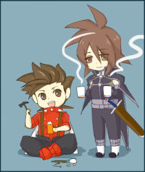 Rule 34 | 00s, age difference, brown hair, chibi, cup, father and son, hammer, kratos aurion, lloyd irving, lowres, male focus, mug, short hair, simple background, sword, tales of (series), tales of symphonia, weapon