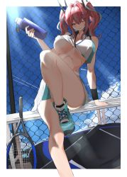 Rule 34 | 1girl, azur lane, bad anatomy, bag, blue sky, blush, bottle, breasts, bremerton (azur lane), bremerton (scorching-hot training) (azur lane), chain-link fence, cloud, commentary request, contrail, crop top, fence, gradient sky, grey hair, hair between eyes, hair ornament, hairclip, highres, holding, holding bottle, kukikomori, large breasts, light censor, long hair, looking at viewer, midriff, multicolored hair, official alternate costume, one eye closed, pink eyes, pink hair, racket, revision, shirt, shoes, sitting, skirt, sky, sleeveless, sleeveless shirt, sneakers, sportswear, streaked hair, sunlight, tennis racket, tennis uniform, twintails, two-tone shirt, two-tone skirt, underboob, water gun, x hair ornament