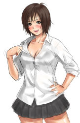 Rule 34 | 1girl, axe metal, bad id, bad pixiv id, blush, breasts, brown eyes, brown hair, cleavage, hand on own hip, hot, pleated skirt, school uniform, serafuku, short hair, simple background, skirt, sleeves rolled up, solo, sweat, white background