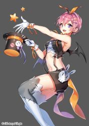 Rule 34 | 1girl, :d, bare arms, bare shoulders, bat wings, black background, black shorts, bow, bowtie, breasts, fang, full body, gloves, hair ornament, hairband, hairclip, halley, hat, looking at viewer, midriff, navel, open mouth, original, outstretched arm, pink hair, purple eyes, seamed legwear, short hair, shorts, sid story, sideboob, sila (carpen), simple background, sleeveless, smile, solo, star (symbol), stitches, thighhighs, top hat, white gloves, wings