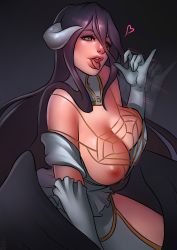 Rule 34 | 1girl, absurdres, albedo (overlord), bad id, bad twitter id, black hair, breasts, cleavage, demon girl, demon horns, detached collar, elbow gloves, eyelashes, fellatio gesture, gloves, hair between eyes, heart, highres, hip vent, horns, large breasts, lips, long hair, looking at viewer, low wings, motion blur, nat the lich, naughty face, nipples, overlord (maruyama), pinky out, slit pupils, solo, tongue, tongue out, white gloves, wings, yellow eyes