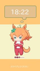 Rule 34 | 1girl, animal ears, blue eyes, blush, bow, brown background, chibi, closed mouth, crossed arms, gomashio (goma feet), green bow, hair bow, hair ornament, highres, horse ears, horse girl, horse tail, jacket, orange background, orange hair, pants, ponytail, red jacket, red pants, solo, standing, star (symbol), star hair ornament, taiki shuttle (umamusume), tail, track jacket, track pants, track suit, translation request, two-tone background, umamusume, v-shaped eyebrows