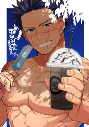 Rule 34 | 1boy, bara, black hair, blue eyes, blush, cup, disposable cup, drinking straw, facial scar, food, golden kamuy, holding, holding cup, holding food, large pectorals, looking at viewer, male focus, muscular, muscular male, onnomono, pectorals, popsicle, scar, scar on cheek, scar on chest, scar on face, scar on mouth, scar on nose, short hair, smile, solo, sugimoto saichi, teeth, translation request, upper body