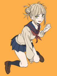 Rule 34 | 1girl, black sailor collar, black skirt, blonde hair, blunt bangs, boku no hero academia, brown flower, double bun, fang, full body, hair bun, highres, holding, holding knife, holding weapon, kashiwa (iersansi), kneehighs, knife, loafers, long sleeves, looking at viewer, neckerchief, open mouth, orange background, pleated skirt, red neckerchief, sailor collar, school uniform, shoes, simple background, skirt, socks, solo, toga himiko, weapon, yellow eyes