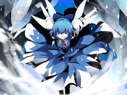 Rule 34 | 1girl, blue eyes, blue hair, bow, cirno, female focus, grin, hair bow, ice, matching hair/eyes, outstretched arms, reflection, short hair, smile, smirk, solo, spread arms, touhou, uki (room 405), wings