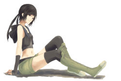 Rule 34 | 00s, 1990s (style), 1girl, aerlai, black hair, black thighhighs, boots, breasts, cross-laced footwear, detached sleeves, final fantasy, final fantasy vii, final fantasy vii advent children, headband, hood, hoodie, knee boots, lace-up boots, midriff, navel, retro artstyle, short hair, sleeveless, sleeveless hoodie, small breasts, solo, thighhighs, yuffie kisaragi