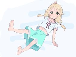 Rule 34 | 1girl, :o, absurdres, ahoge, arm up, barefoot, blonde hair, collar, feet, female focus, flat chest, green eyes, green skirt, highres, hrgm, idolmaster, idolmaster cinderella girls, looking at viewer, low twintails, pink collar, shirt, skirt, soles, solo, tareme, toes, twintails, white shirt, yusa kozue