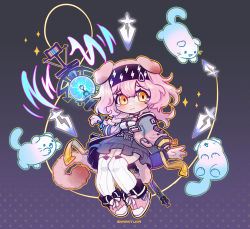 Rule 34 | 1girl, animal ears, arknights, artist name, black hairband, black skirt, blue jacket, blue ribbon, braid, cat, cat ears, cat girl, chibi, electricity, floppy ears, garter straps, goldenglow (arknights), gradient background, hair ornament, hairband, highres, id card, jacket, lightning bolt print, long hair, looking at viewer, multicolored clothes, multicolored jacket, open clothes, open jacket, orb, pink footwear, pink hair, pink jacket, print hairband, purple background, ribbon, sharktuna, shirt, shoes, simple background, skirt, solo, staff, tearing up, thighhighs, two-tone jacket, wavy mouth, weapon, weapon on back, white shirt, white thighhighs, yellow eyes