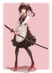 Rule 34 | 1girl, bad id, bad pixiv id, black hair, black pantyhose, food, food in mouth, highres, isshi pyuma, long legs, maid, original, pantyhose, pocky, ponytail, red eyes, short hair, solo, sword, weapon