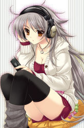 Rule 34 | 1girl, :o, black thighhighs, breasts, buttons, candy, cellphone, cleavage, collarbone, female focus, food, headphones, hood, hoodie, jewelry, long hair, looking at viewer, medium breasts, necklace, open mouth, phone, pillow, saeki hokuto, shorts, silver hair, sitting, solo, sweater, thighhighs, very long hair, white background, yellow eyes