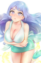 Rule 34 | 1girl, :o, bangle, bare shoulders, blue eyes, blue hair, blush, boku no hero academia, bracelet, breasts, bright pupils, cleavage, cowboy shot, crossed arms, dress, floating, floating hair, gradient dress, green dress, green footwear, hadou nejire, halter dress, halterneck, high heels, highres, jewelry, large breasts, leaning forward, light blue hair, long hair, looking at viewer, open mouth, pencil dress, short dress, shpo, thighs, very long hair