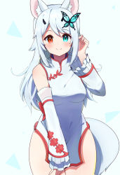 Rule 34 | 1girl, animal ears, bad id, bad pixiv id, blue eyes, blush, borrowed character, breasts, butterfly hair ornament, closed mouth, commission, detached sleeves, fox ears, fox girl, fox tail, hair ornament, hairclip, heterochromia, highres, long hair, medium breasts, original, red eyes, sidelocks, smile, solo, tail, takom, very long hair, white hair