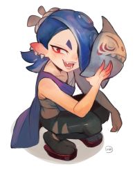 Rule 34 | 1girl, absurdres, asymmetrical hair, blue hair, cephalopod eyes, chest sarashi, ear piercing, fangs, full body, highres, mask, nintendo, octoling, open mouth, pants, piercing, pointy hair, poncho, red eyes, sarashi, sharp teeth, shiver (splatoon), simple background, smile, solo, splatoon (series), splatoon 3, squatting, suction cups, sui (suizilla), teeth, tentacle hair, white background