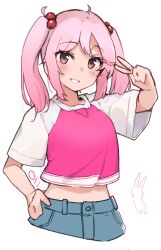 Rule 34 | 1girl, absurdres, blue skirt, blush, cropped torso, denim, denim skirt, grin, hair bobbles, hair ornament, hand on own hip, highres, kantai collection, looking at viewer, ma rukan, pink eyes, pink hair, sazanami (kancolle), shirt, short hair, short sleeves, signature, simple background, skirt, smile, solo, twintails, upper body, v, white background