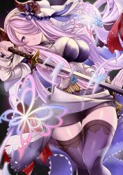 Rule 34 | 1girl, black thighhighs, blue eyes, breasts, bug, butterfly, commission, granblue fantasy, habutei, hair over one eye, highres, holding, holding sword, holding weapon, horns, insect, katana, large breasts, long hair, looking at viewer, narmaya (granblue fantasy), purple hair, skeb commission, solo, sword, thighhighs, twitter username, weapon