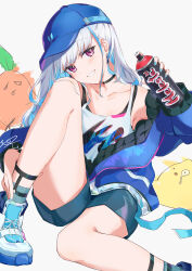 Rule 34 | 1girl, absurdres, ankle strap, aqua shorts, armpits, black choker, blue hair, blue hat, blue jacket, blue nails, blue socks, bottle, choker, hat, highres, holding, holding bottle, jacket, leg up, lize helesta, lize helesta (8th costume), lize helesta (9th costume), long hair, long sleeves, looking at viewer, multicolored hair, nijisanji, okishiro, open mouth, pink eyes, shirt, shoes, shorts, simple background, sitting, sleeveless, sleeveless shirt, smile, socks, solo, thighs, two-tone hair, virtual youtuber, white background, white footwear, white hair, white shirt