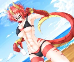 Rule 34 | 1girl, abs, armpits, beach, colored eyelashes, day, dein (g (genesis1556)), dragon girl, dragon tail, g (genesis1556), gradient background, groin, highres, horns, looking at viewer, ocean, original, red eyes, red hair, scar, short hair, smoking, solo, swimsuit, tail