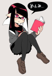 Rule 34 | 1girl, alternate costume, black hair, black pantyhose, blunt bangs, book, brown footwear, cardigan, closed mouth, danimaru, full body, greyscale, hand on own knee, highres, holding, holding book, inkling, inkling girl, inkling player character, invisible chair, loafers, long hair, long sleeves, miniskirt, monochrome, nintendo, open book, open cardigan, open clothes, pantyhose, pink eyes, pleated skirt, pointy ears, shoes, simple background, sitting, skirt, solo, speech bubble, splatoon (series), splatoon 2, tentacles, translated