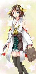Rule 34 | 10s, 1girl, bad id, bad pixiv id, bag, bare shoulders, black thighhighs, blue eyes, brown hair, detached sleeves, hairband, headgear, hiei (kancolle), highres, japanese clothes, kantai collection, md5 mismatch, miko, open mouth, personification, plaid, school bag, short hair, skirt, smile, solo, thighhighs, yuutarou (fukiiincho)