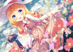 Rule 34 | 1girl, :d, akai haato, blonde hair, blue eyes, blurry, blurry background, blurry foreground, blush, breasts, chinomaron, commentary request, day, depth of field, dress, dutch angle, flower, hair between eyes, hair ornament, hairclip, hat, hololive, long hair, long sleeves, looking at viewer, medium breasts, neck ribbon, open mouth, outdoors, ribbon, shirt, skirt hold, smile, solo, very long hair, virtual youtuber, white hat, white shirt