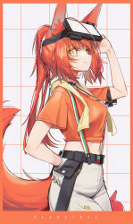 Rule 34 | 1girl, animal ears, arknights, black choker, choker, commentary, commentary request, crop top, flametail (arknights), flametail (sport for all) (arknights), grey pants, hand up, head-mounted display, highres, midriff, navel, official alternate costume, orange hair, orange shirt, pants, shirt, short sleeves, signal 1120, smile, solo, squirrel ears, squirrel tail, standing, stomach, suspenders, tail
