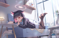 Rule 34 | 1girl, animal ears, doodle sensei (blue archive), bingchuan xian yu huang, black choker, black hair, blue archive, cake, cat, choker, colored inner hair, couch, crossed ankles, eating, extra ears, feet up, food, full body, hair ornament, halo, highres, holding, indoors, kazusa (blue archive), long sleeves, lying, medium hair, miniskirt, multicolored hair, no shoes, on couch, on stomach, pantyhose, pink hair, pleated skirt, sensei (blue archive), skirt, solo, stuffed animal, stuffed bird, stuffed toy, the pose, utensil in mouth