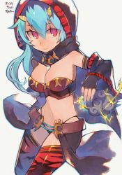 Rule 34 | 1girl, bad id, bad pixiv id, blue hair, breasts, character name, cleavage, closed mouth, cloud, cowboy shot, electricity, flower knight girl, guemi (ba11f0rm3), hair between eyes, highres, hood, horns, large breasts, long hair, looking at viewer, navel, oni horns, oniyuri (flower knight girl), red eyes, red thighhighs, simple background, smile, solo, thighhighs, white background