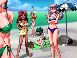 Rule 34 | 1990s (style), 5girls, arm up, ayla v roznovsky, bare shoulders, barefoot, battle athletes, beach, beach umbrella, bikini, blanket, blonde hair, blue eyes, breasts, brown hair, buried, closed eyes, crossed arms, dark-skinned female, dark skin, day, front-tie bikini top, front-tie top, green bikini, hands on own hips, jessie gurtland, large breasts, long hair, looking at viewer, multiple girls, navel, non-web source, official art, one-piece swimsuit, open mouth, outdoors, picnic basket, pink hair, purple eyes, red bikini, red hair, retro artstyle, round eyewear, sarong, shiny skin, sitting, standing, strapless, strapless one-piece swimsuit, sunglasses, swimsuit, tanya natdhipytadd, umbrella, waving, wong lio-pha